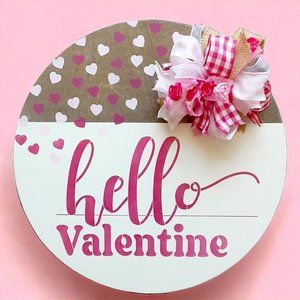 Hello Valentine Painted Wood Door Hanger 16" Pink Wall Hanging Porch Sign